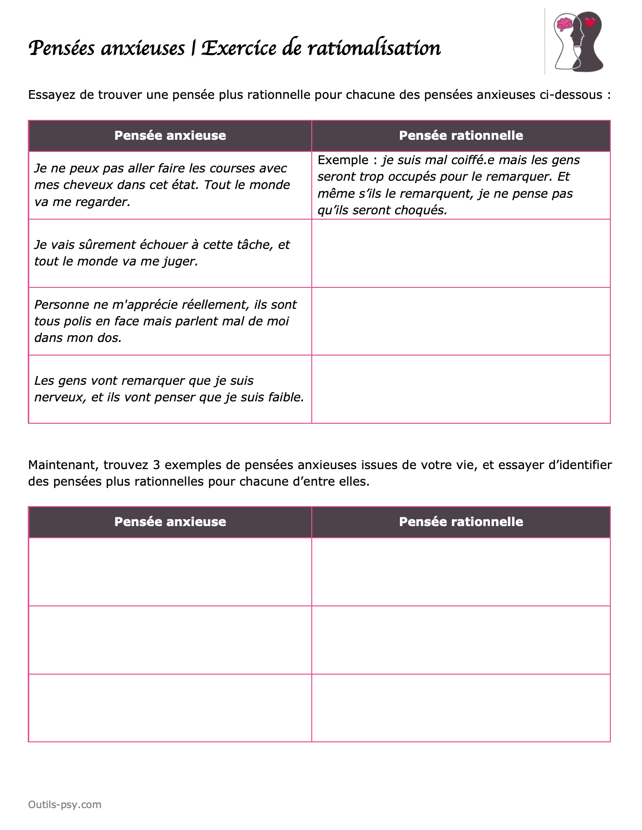 TCC | Exercice de restructuration cognitive des pensées anxieuses [PDF]